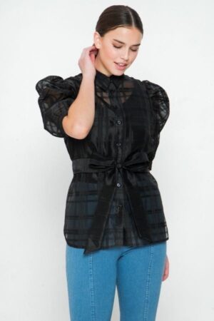 Sheer Organza Mini Top with Puff Sleeves – Black