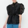 Sheer Organza Mini Top with Puff Sleeves – Black