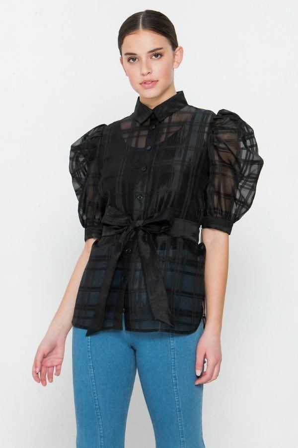 Sheer Organza Mini Top with Puff Sleeves – Black