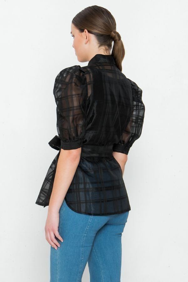 Sheer Organza Mini Top with Puff Sleeves – Black