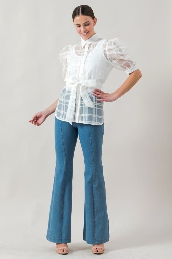 Sheer Organza Mini Top with Puff Sleeves – White