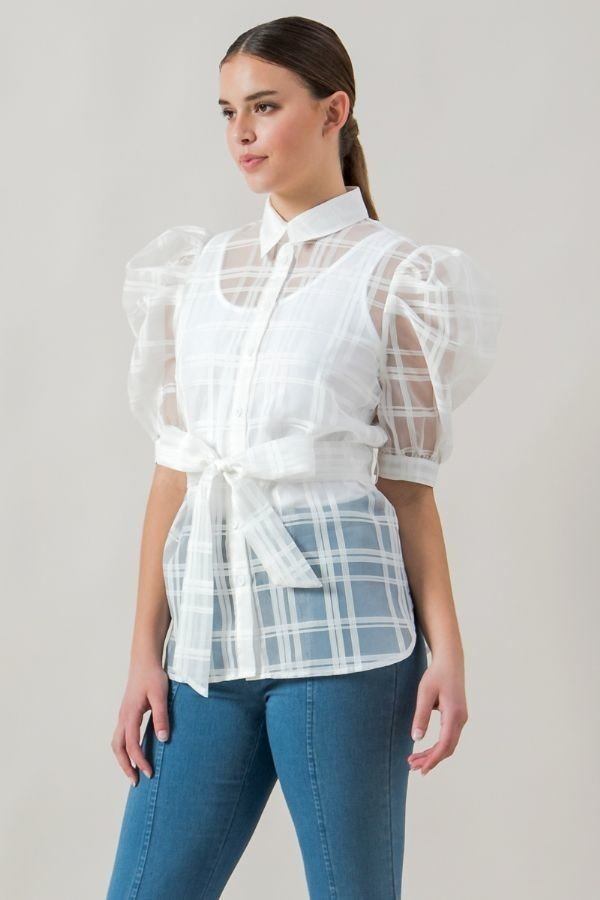 Sheer Organza Mini Top with Puff Sleeves – White