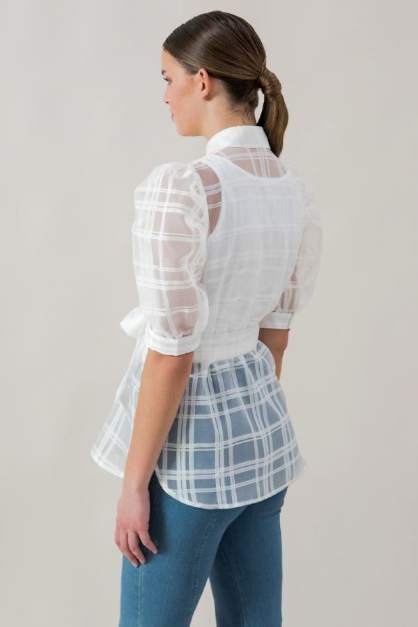 Sheer Organza Mini Top with Puff Sleeves – White