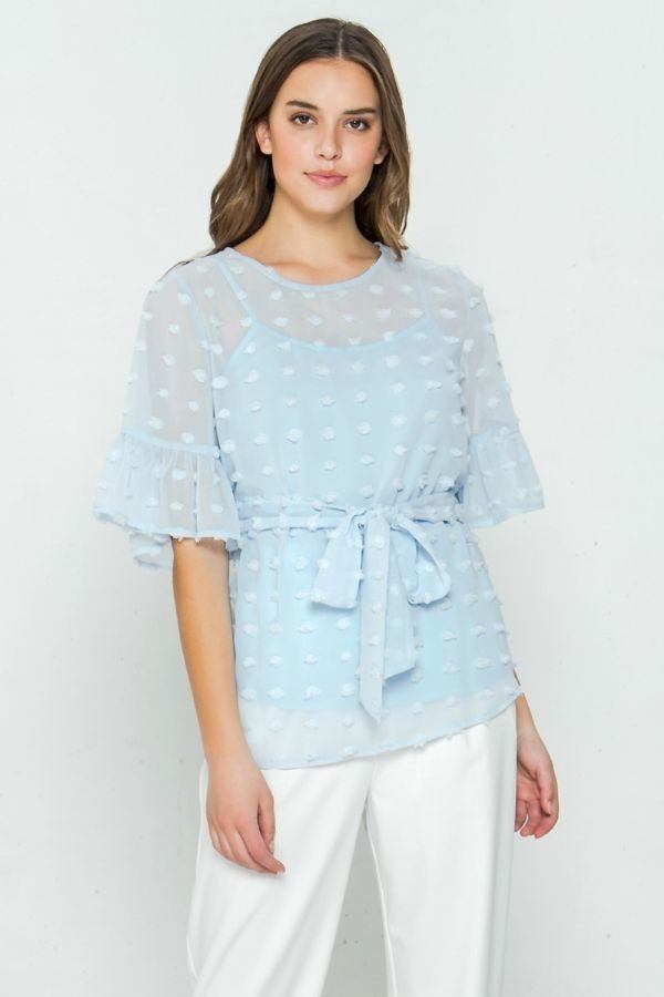 Pom-Pom Top with Ruffled Sleeves – Light Blue