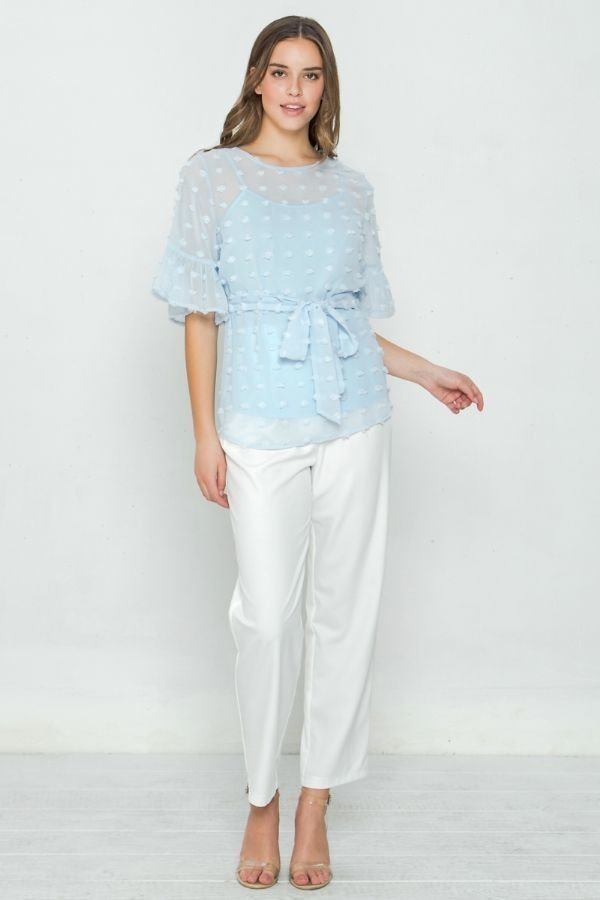 Pom-Pom Top with Ruffled Sleeves – Light Blue