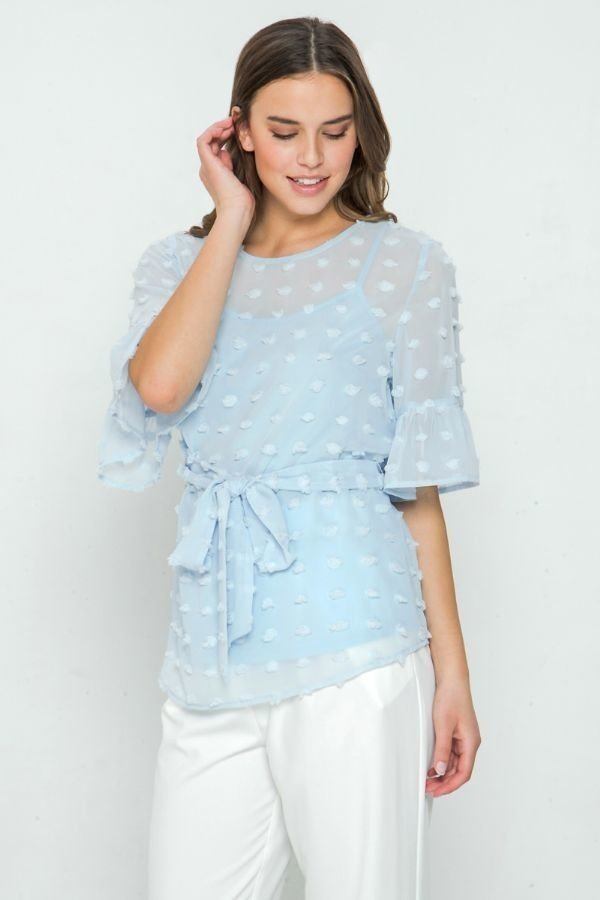 Pom-Pom Top with Ruffled Sleeves – Light Blue