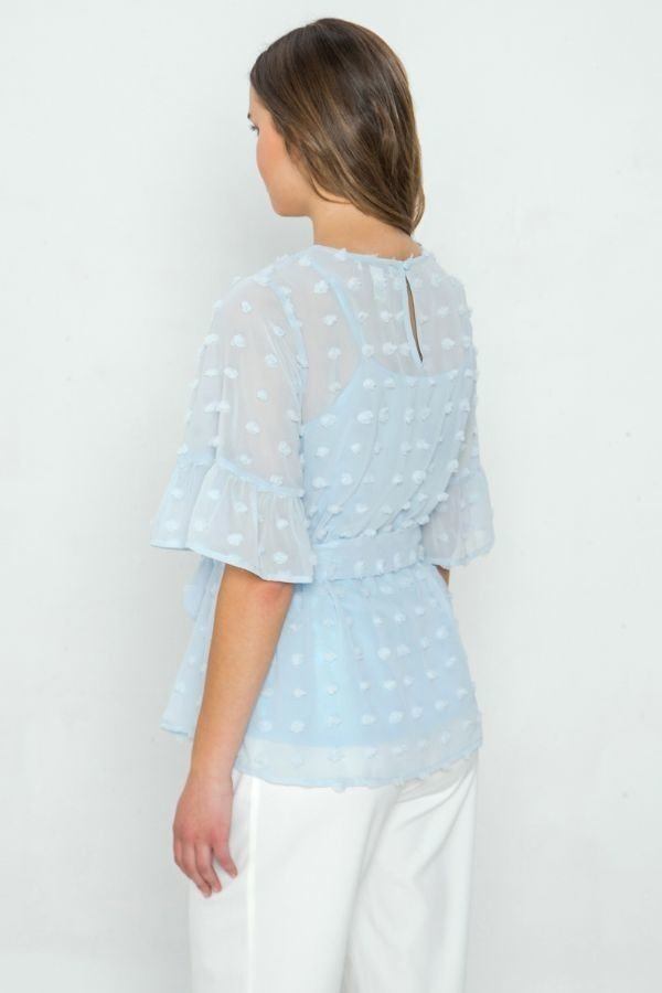 Pom-Pom Top with Ruffled Sleeves – Light Blue