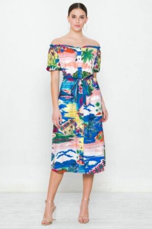 Printed Woven Off-Shoulder Dress – Blue Print