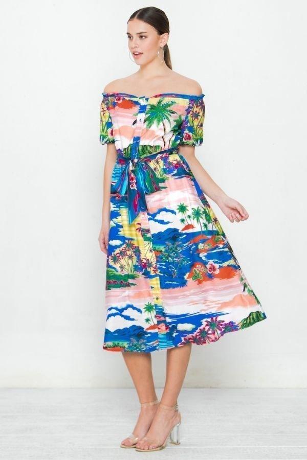 Printed Woven Off-Shoulder Dress – Blue Print