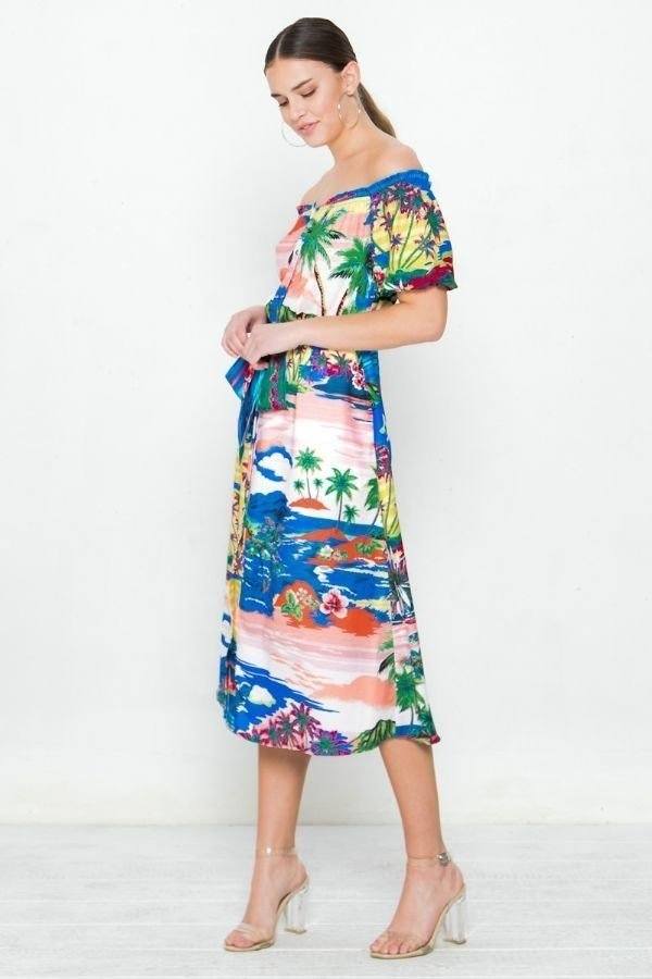 Printed Woven Off-Shoulder Dress – Blue Print