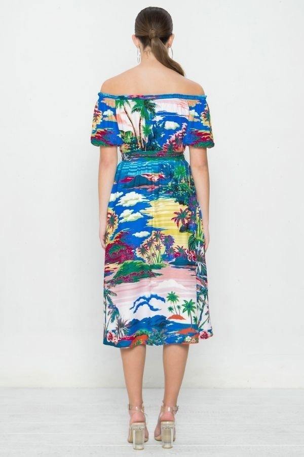 Printed Woven Off-Shoulder Dress – Blue Print