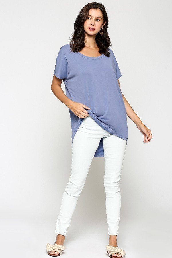 Scoop Neck Cupro Top with Strappy Drape Back – Denim Blue