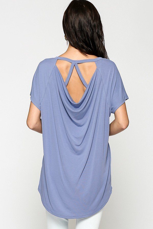 Scoop Neck Cupro Top with Strappy Drape Back – Denim Blue