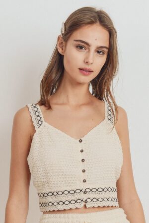 Knit Lace Button-Front Shoulder-Strap Top – Natural