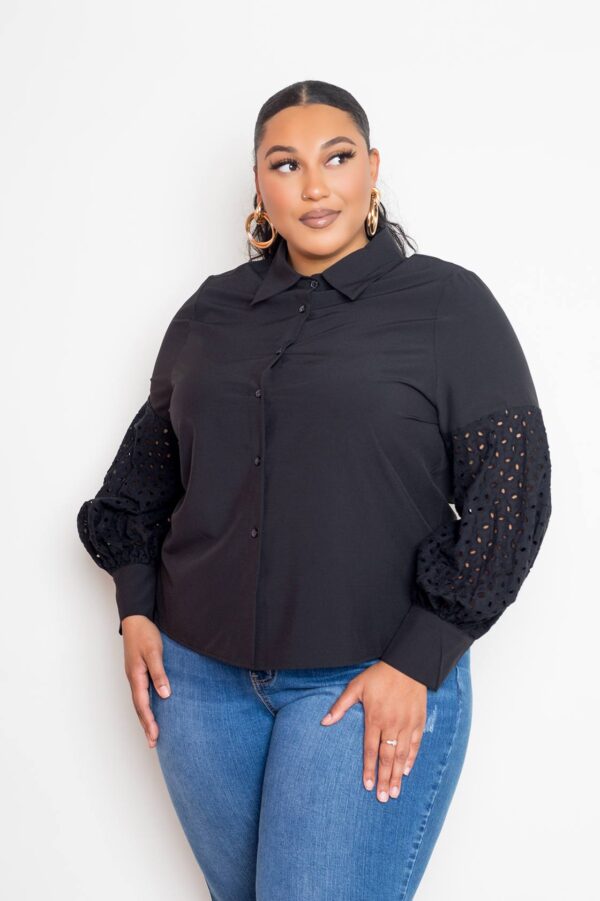 Plus-Size Black Blouse with Punched Sleeves