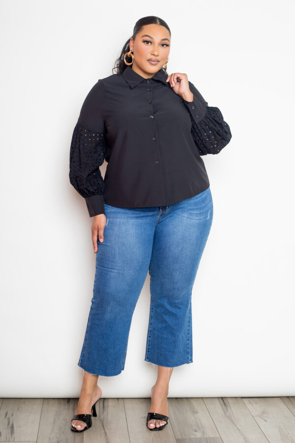 Plus-Size Black Blouse with Punched Sleeves