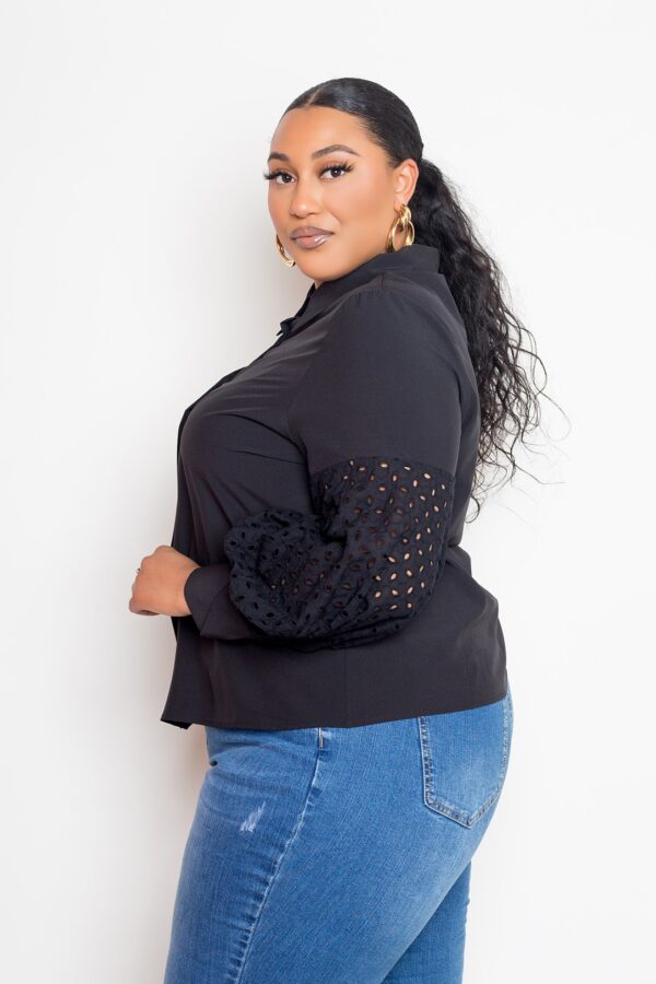 Plus-Size Black Blouse with Punched Sleeves