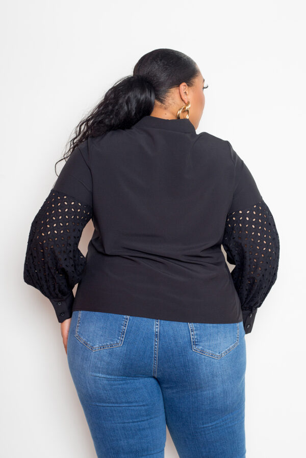 Plus-Size Black Blouse with Punched Sleeves