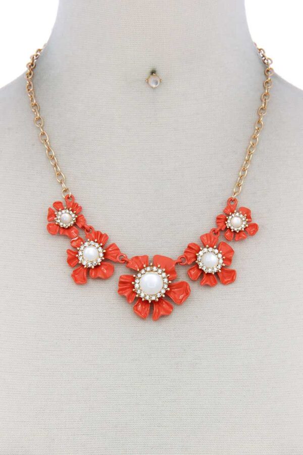 Floral Pearl-Bead Necklace with Flower Accents
