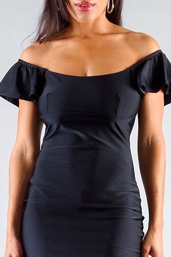 Convertible Off-Shoulder Ruffle Bodycon Mini Dress – Black