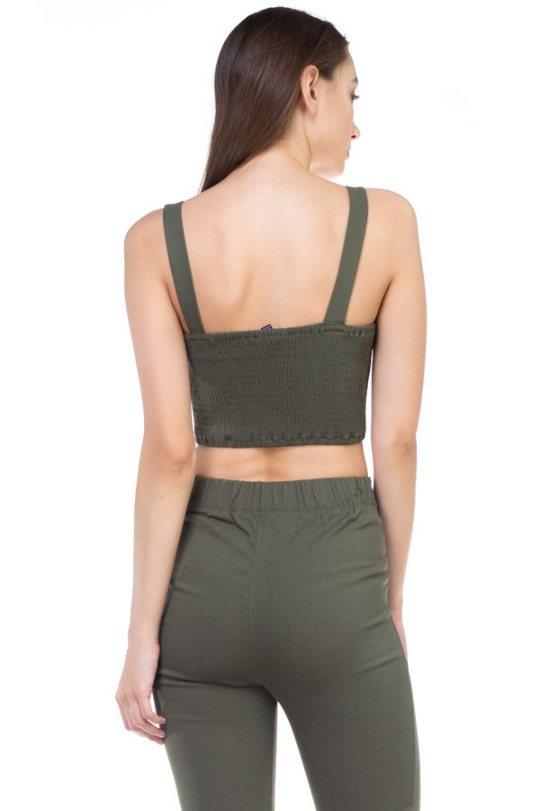 Sweetheart Button Down Crop Top – Smocked Back in Olive