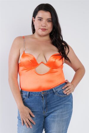 Plus Size Silk-Effect Chain Bodysuit with Center Cut-Out – Neon Orange