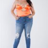 Plus Size Silk-Effect Chain Bodysuit with Center Cut-Out – Neon Orange