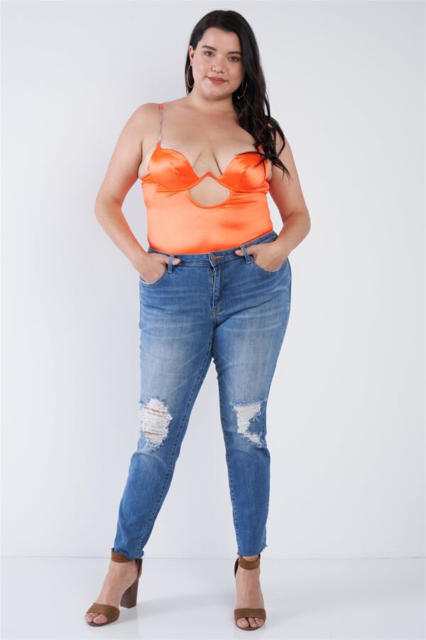 Plus Size Silk-Effect Chain Bodysuit with Center Cut-Out – Neon Orange