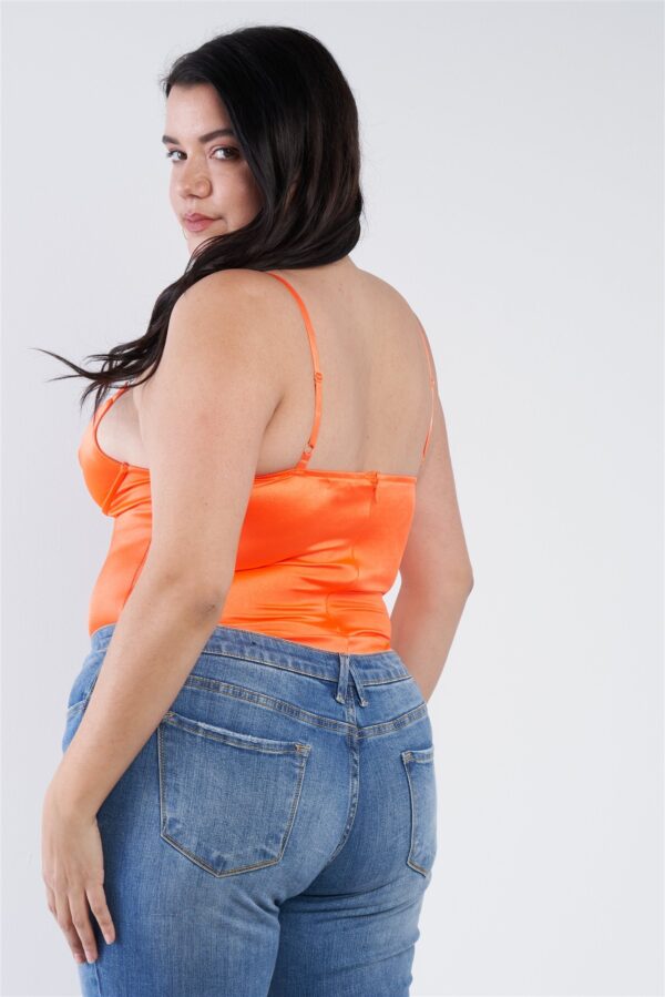 Plus Size Silk-Effect Chain Bodysuit with Center Cut-Out – Neon Orange