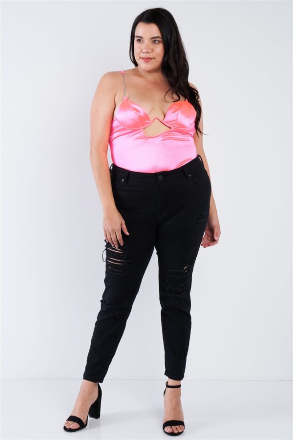 Plus Size Spaghetti Strap Silk-Chain Cutout Bodysuit – Neon Pink
