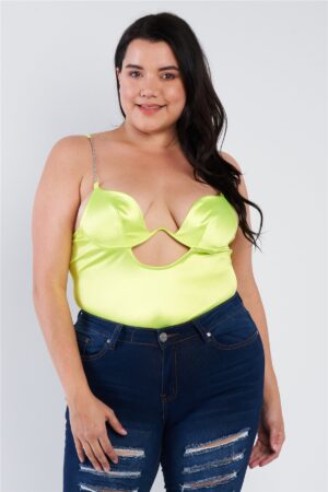 Plus Size Chain-Trim Spaghetti-Strap Bodysuit – Neon Yellow