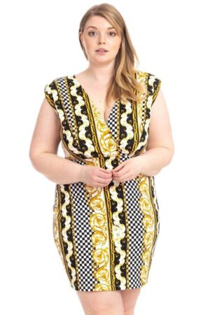 Plus Size Border-Print V-Neck Bodycon Dress – Black/Yellow