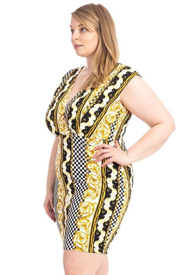 Plus Size Border-Print V-Neck Bodycon Dress – Black/Yellow