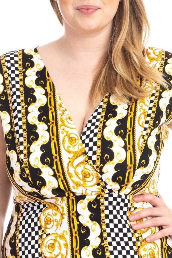 Plus Size Border-Print V-Neck Bodycon Dress – Black/Yellow