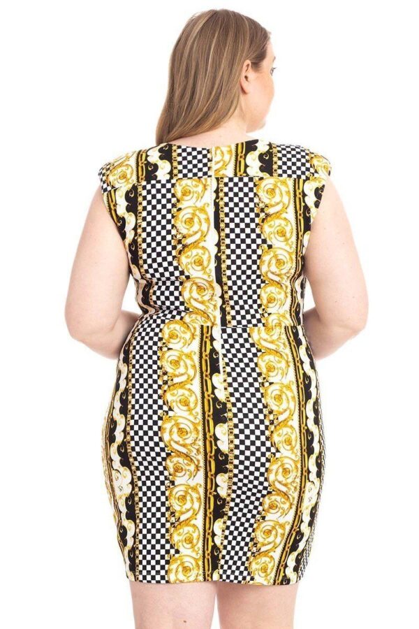 Plus Size Border-Print V-Neck Bodycon Dress – Black/Yellow