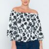 Off-Shoulder Printed Blouse with Smocked Cuffs – Black