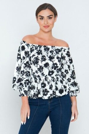 Off-Shoulder Printed Blouse with Smocked Cuffs – Black