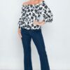 Off-Shoulder Printed Blouse with Smocked Cuffs – Black