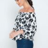 Off-Shoulder Printed Blouse with Smocked Cuffs – Black