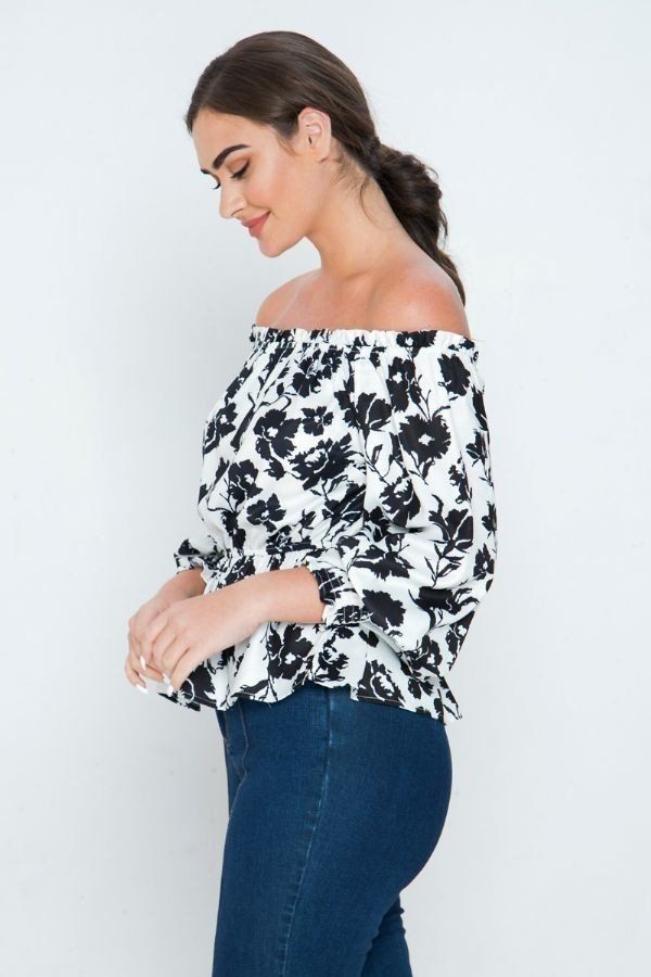 Off-Shoulder Printed Blouse with Smocked Cuffs – Black