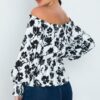 Off-Shoulder Printed Blouse with Smocked Cuffs – Black