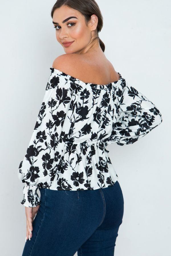Off-Shoulder Printed Blouse with Smocked Cuffs – Black