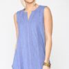Sleeveless Tunic Top with Lace Trim & Scoop Hem – Denim Blue