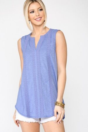 Sleeveless Tunic Top with Lace Trim & Scoop Hem – Denim Blue