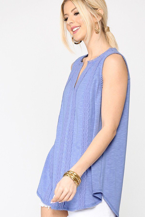 Sleeveless Tunic Top with Lace Trim & Scoop Hem – Denim Blue