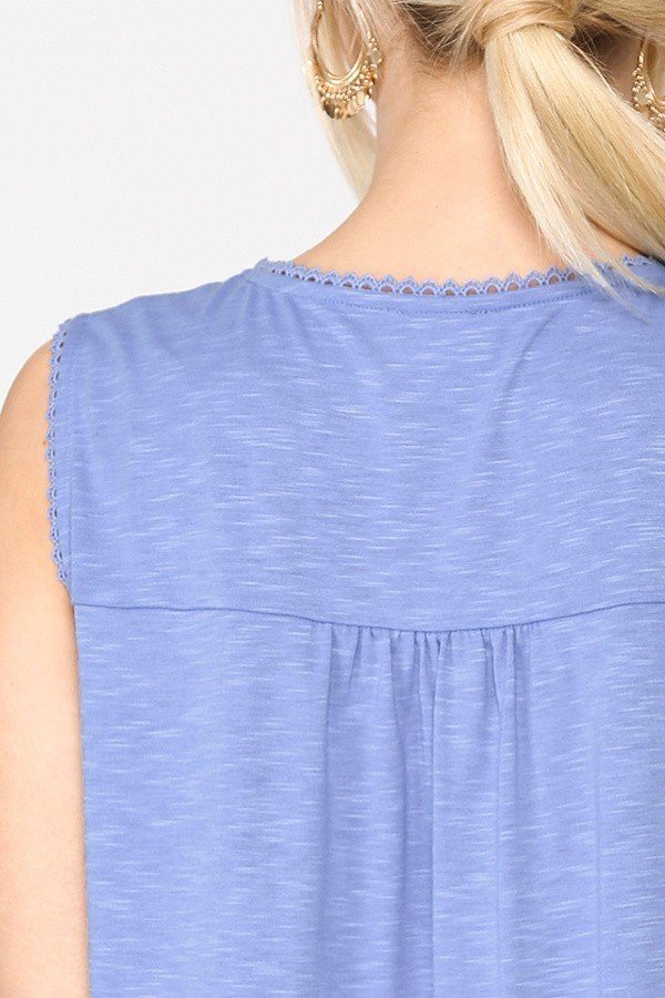 Sleeveless Tunic Top with Lace Trim & Scoop Hem – Denim Blue