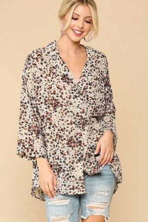 Animal Print Button-Down Shirt with Lapel Collar – Cream Mix