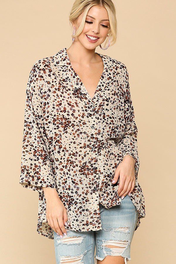 Animal Print Button-Down Shirt with Lapel Collar – Cream Mix