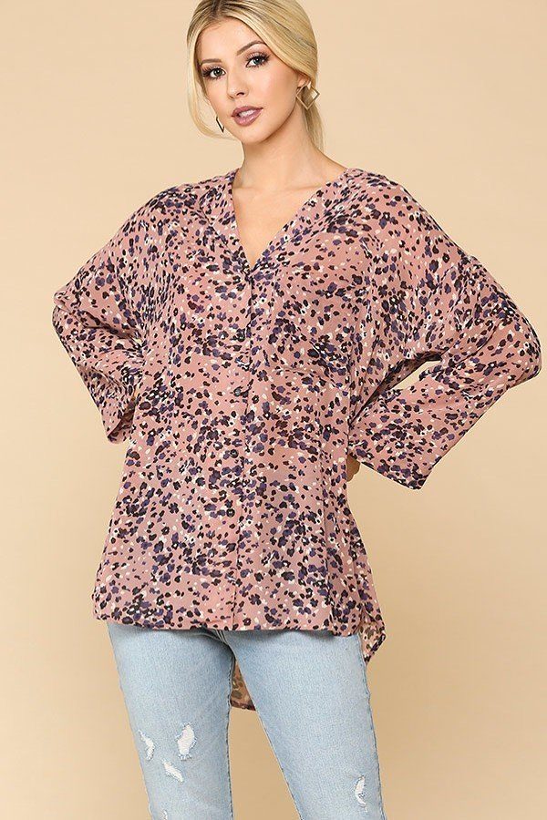 Animal Print Button-Down Shirt with Lapel Collar – Light Rose Mix