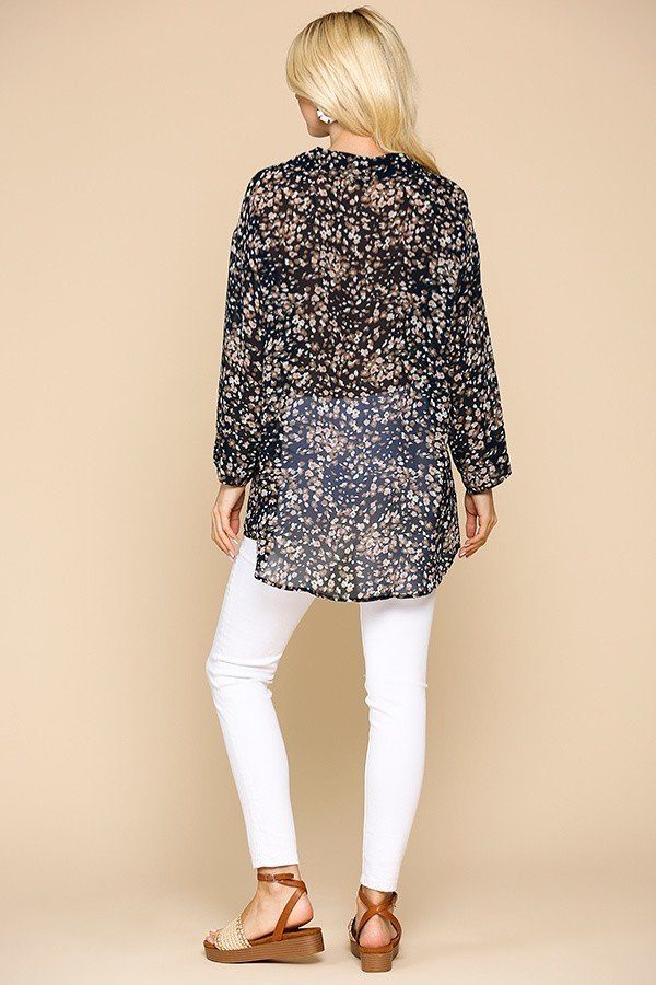 Animal Print Button-Down Shirt with Lapel Collar – Navy Mix